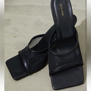 Black Square Toe Fish Net Low Heels
